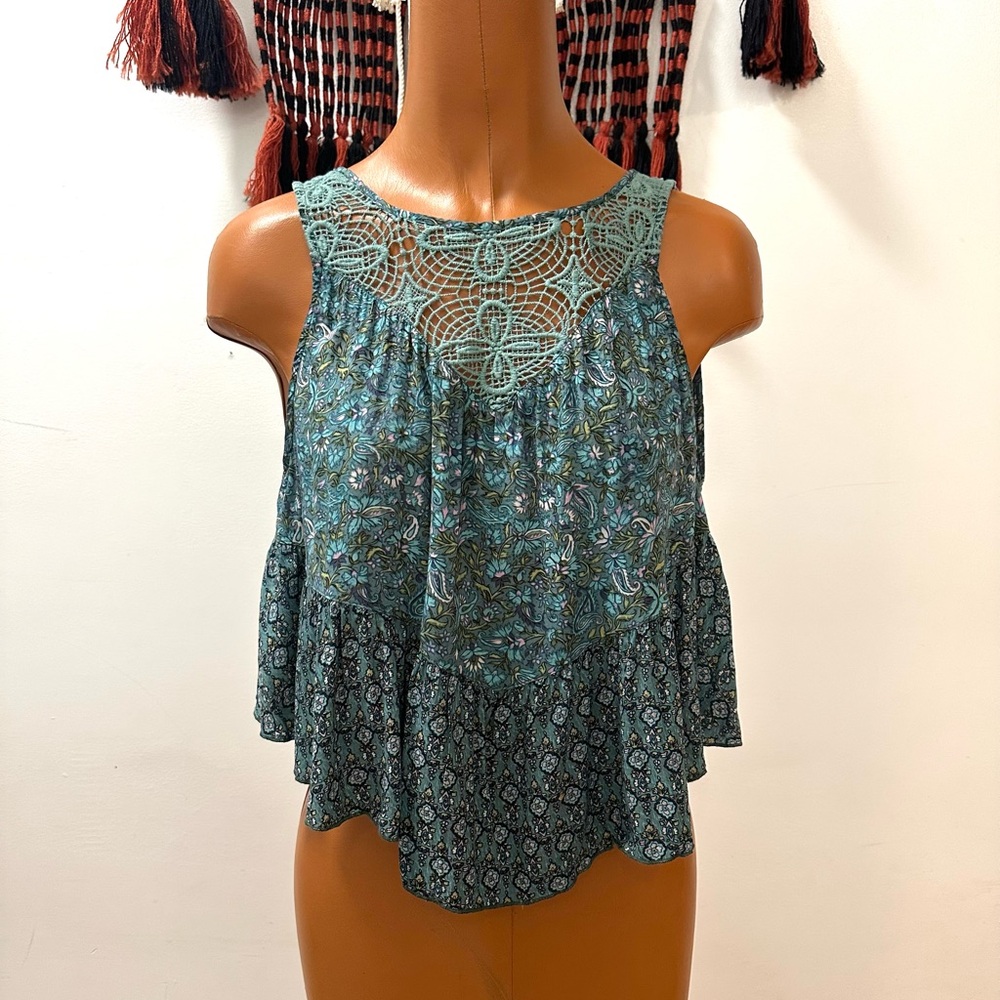 Anna Sui Teal Floral Lace Tank Top